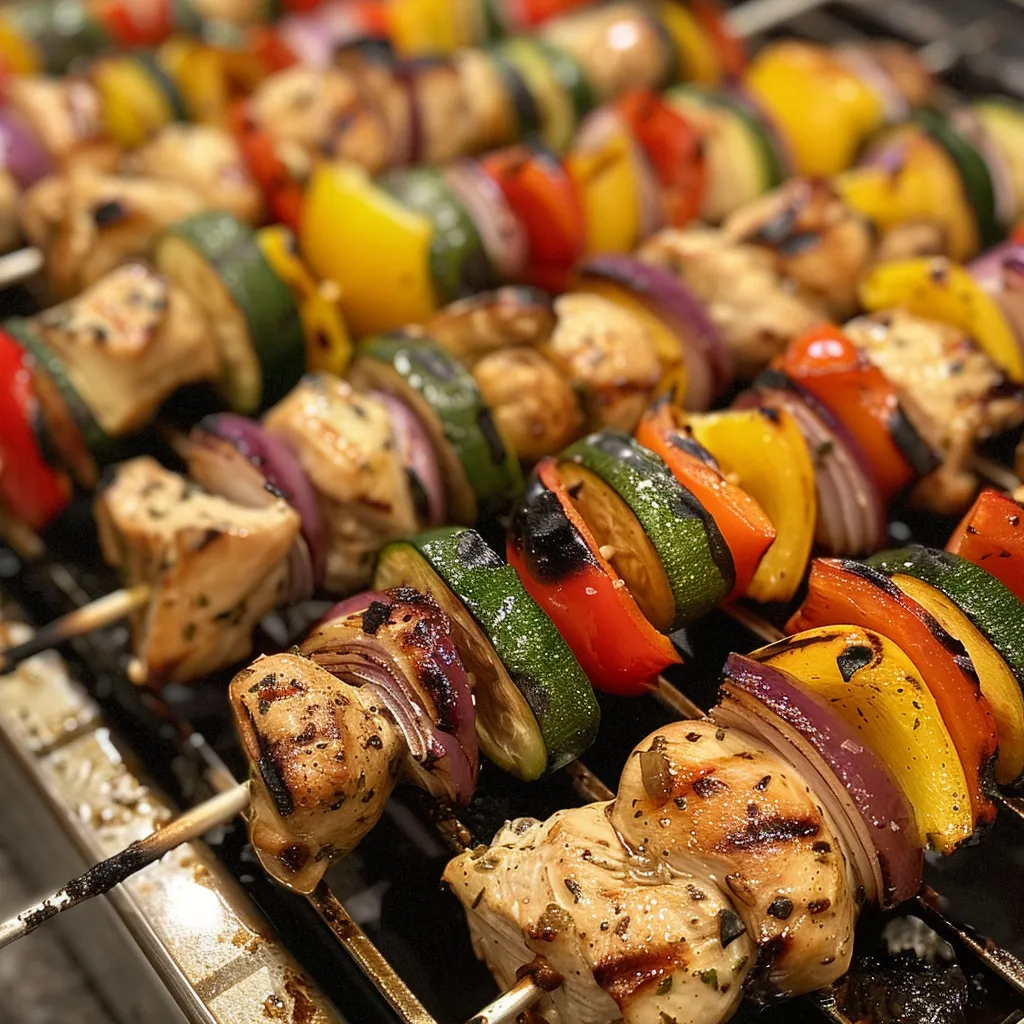 Grilled chicken and vegetable skewers featuring red and yellow peppers, zucchini, onions, and mushrooms.