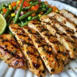 Juicy grilled chicken strips garnished with lime, served alongside steamed mixed vegetables.