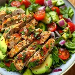 Close-up view of a colorful avocado chicken salad featuring shredded chicken, mashed avocado, and fresh vegetables.