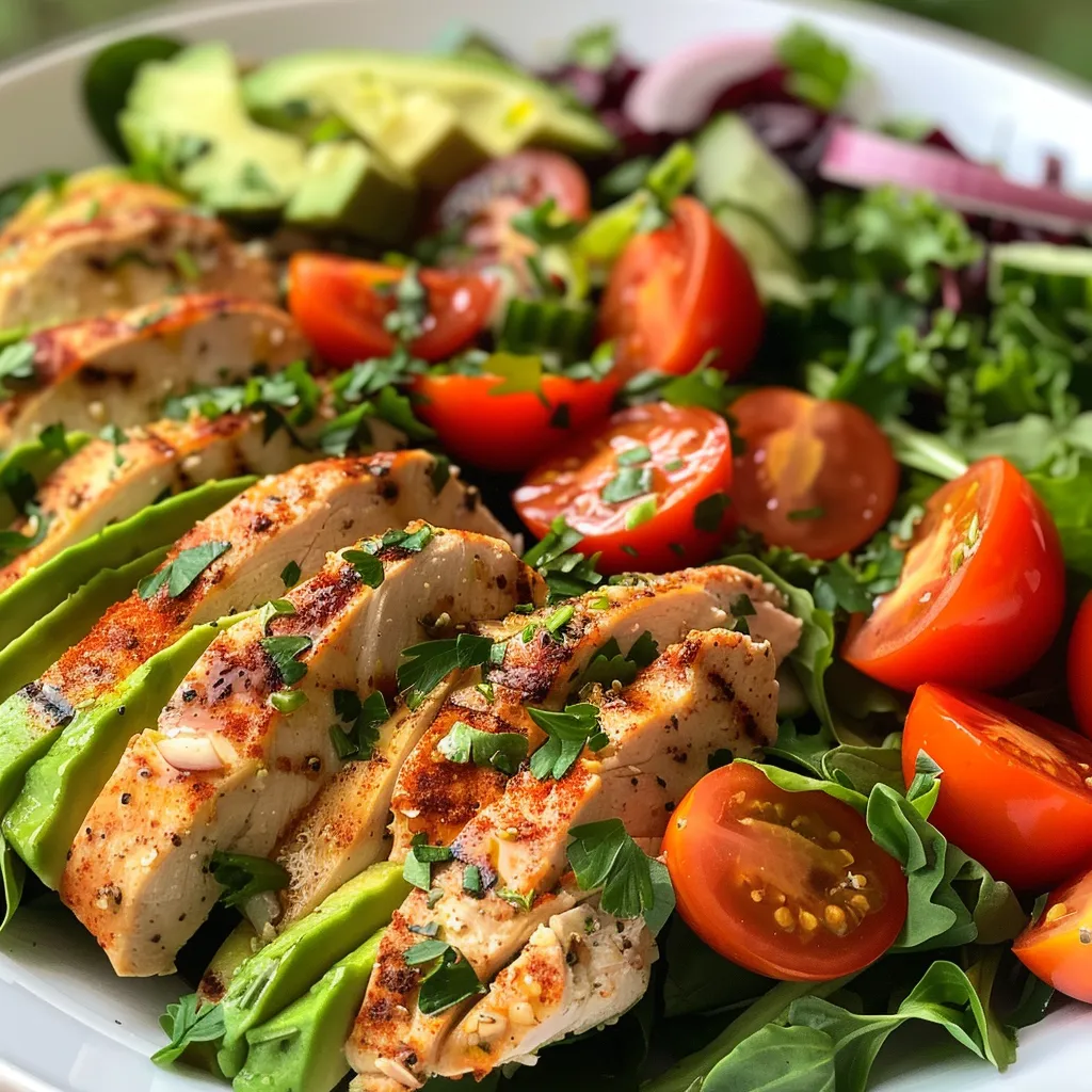 Side view of a delicious avocado chicken salad featuring diced avocado and cherry tomatoes.