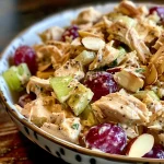 A close-up view of a colorful chicken salad featuring shredded chicken, grapes, and almonds.