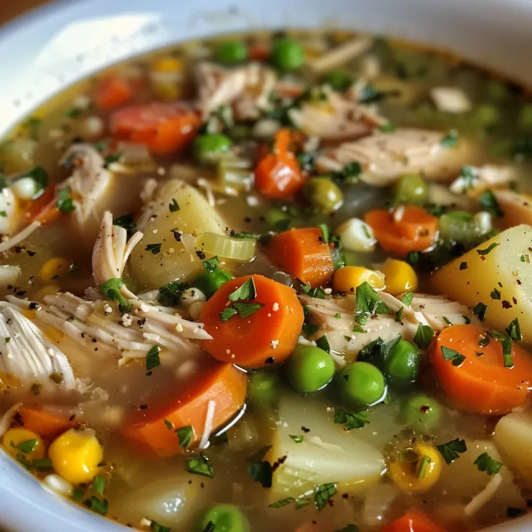 A Comforting Bowl of Chicken Soup to Warm Your Heart A close-up view of a hearty chicken and garden vegetable soup in a bowl.