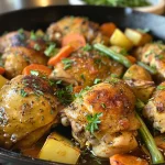 Juicy one-pot stewed chicken with vegetables in a rustic pot.