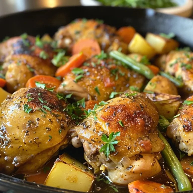 Juicy one-pot stewed chicken with vegetables in a rustic pot.
