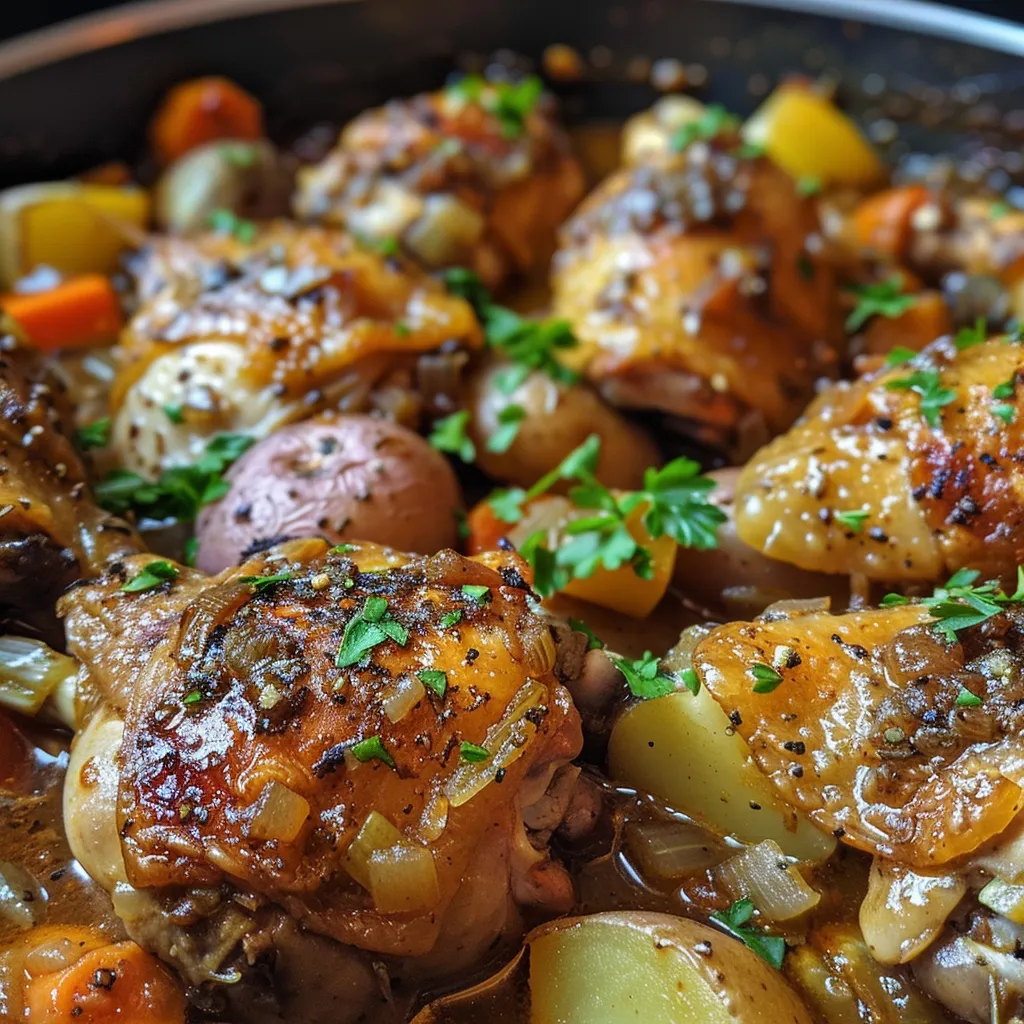 Close-up of hearty chicken thighs simmering with carrots and green beans.