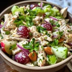 Close-up of a vibrant chicken salad with Greek yogurt, celery, and grapes.