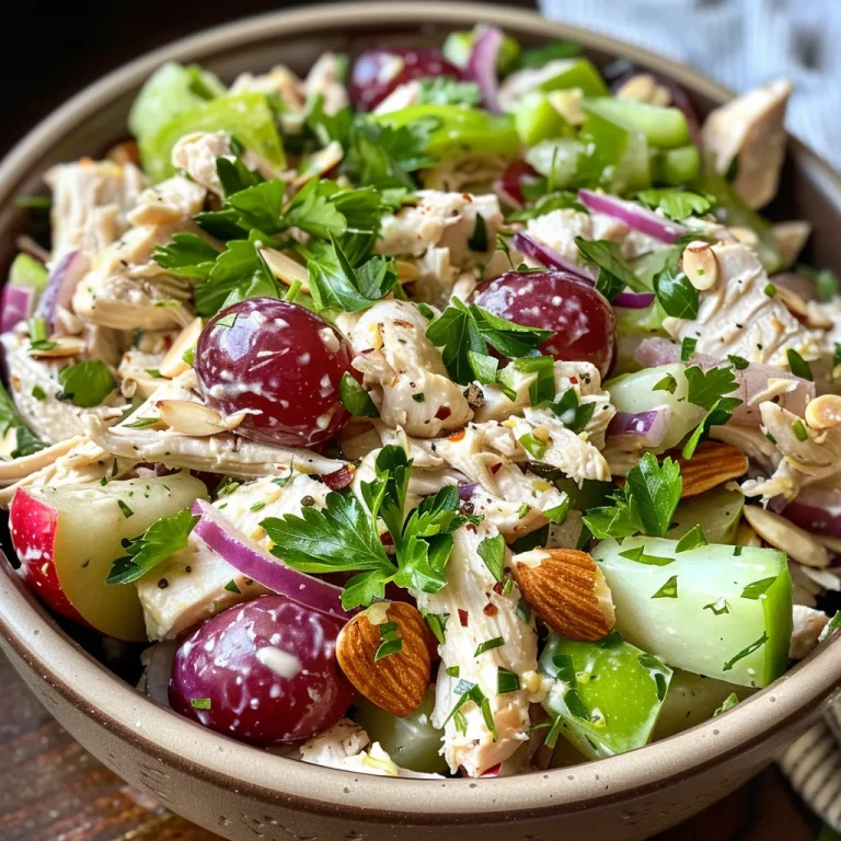 Close-up of a vibrant chicken salad with Greek yogurt, celery, and grapes.