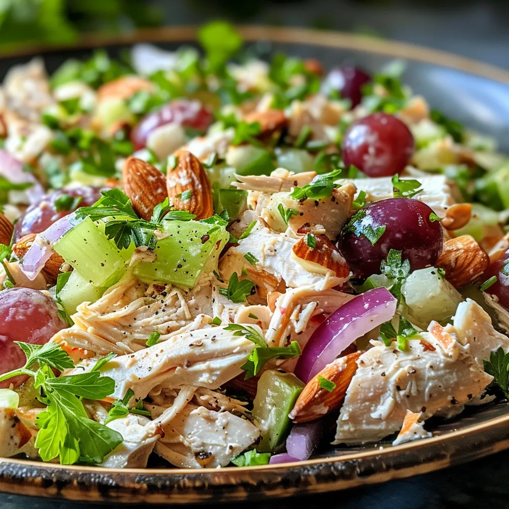 Juicy chicken salad featuring chopped almonds and red onion in a bowl.