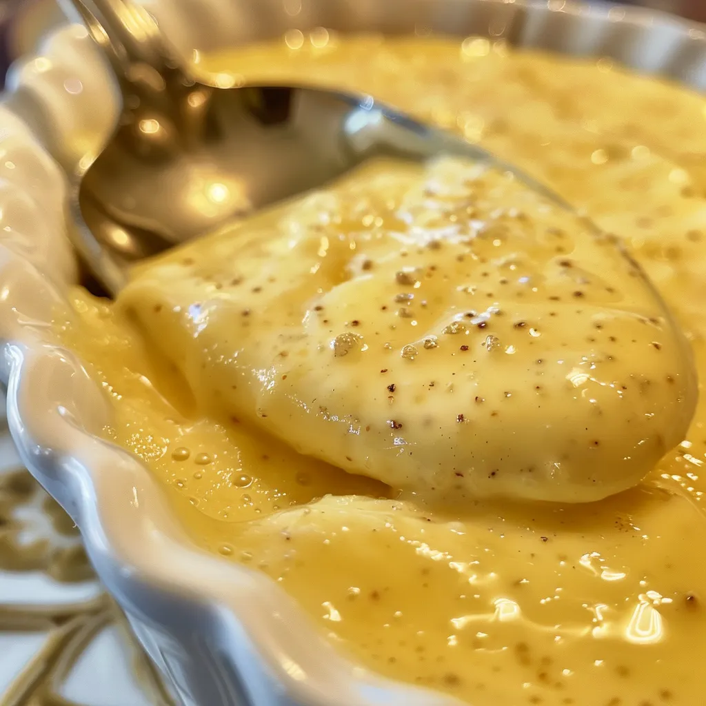 Side view of smooth vanilla pudding topped with a sprinkle of nutmeg.