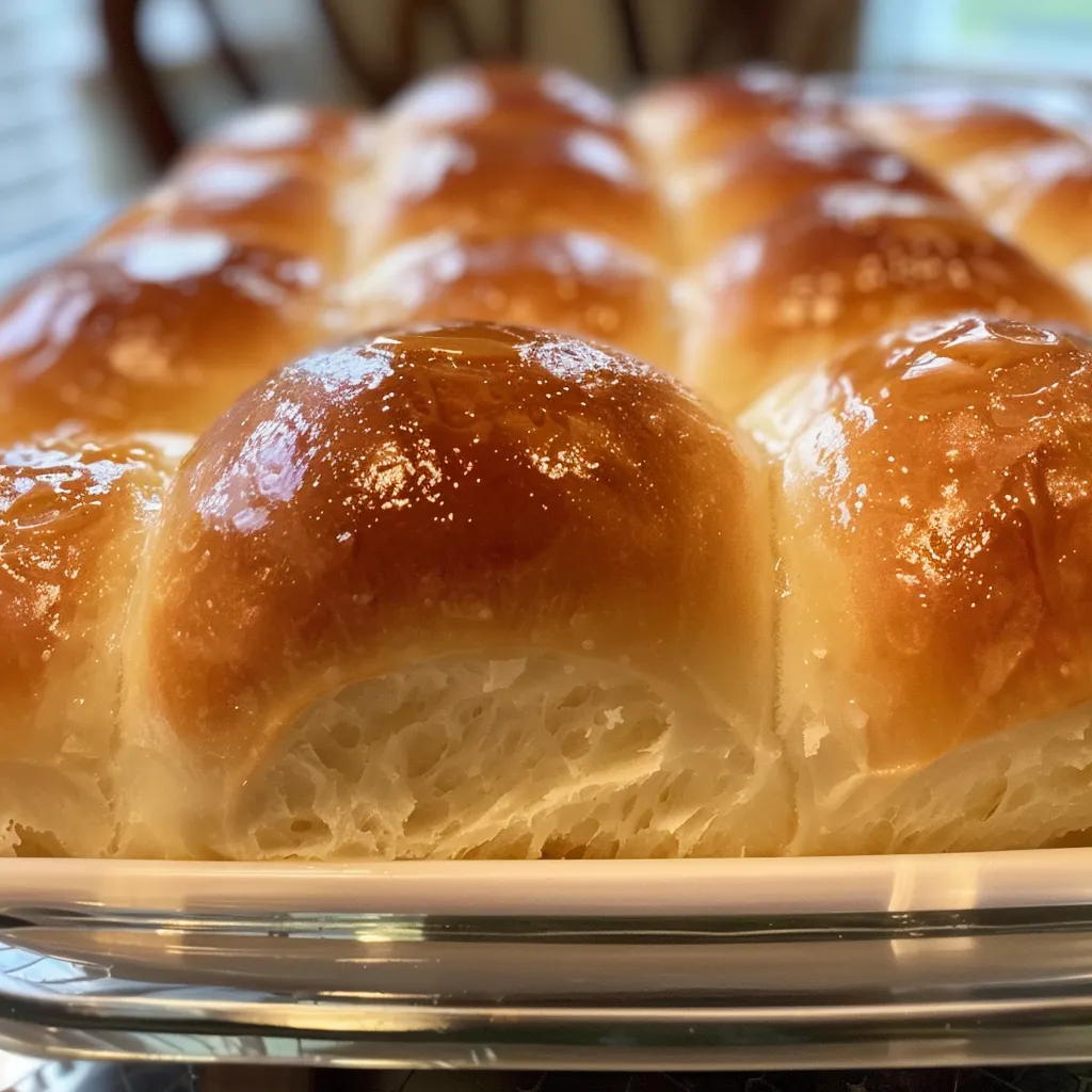 Side view of warm, freshly baked sweet dinner rolls on a wooden surface.