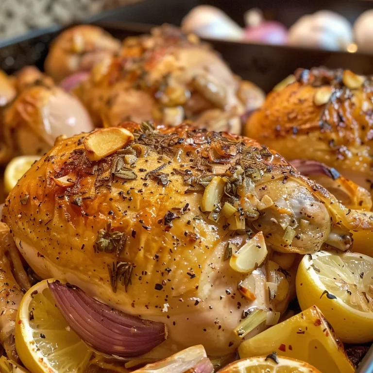 Juicy roast chicken garnished with lemon slices and garlic cloves.