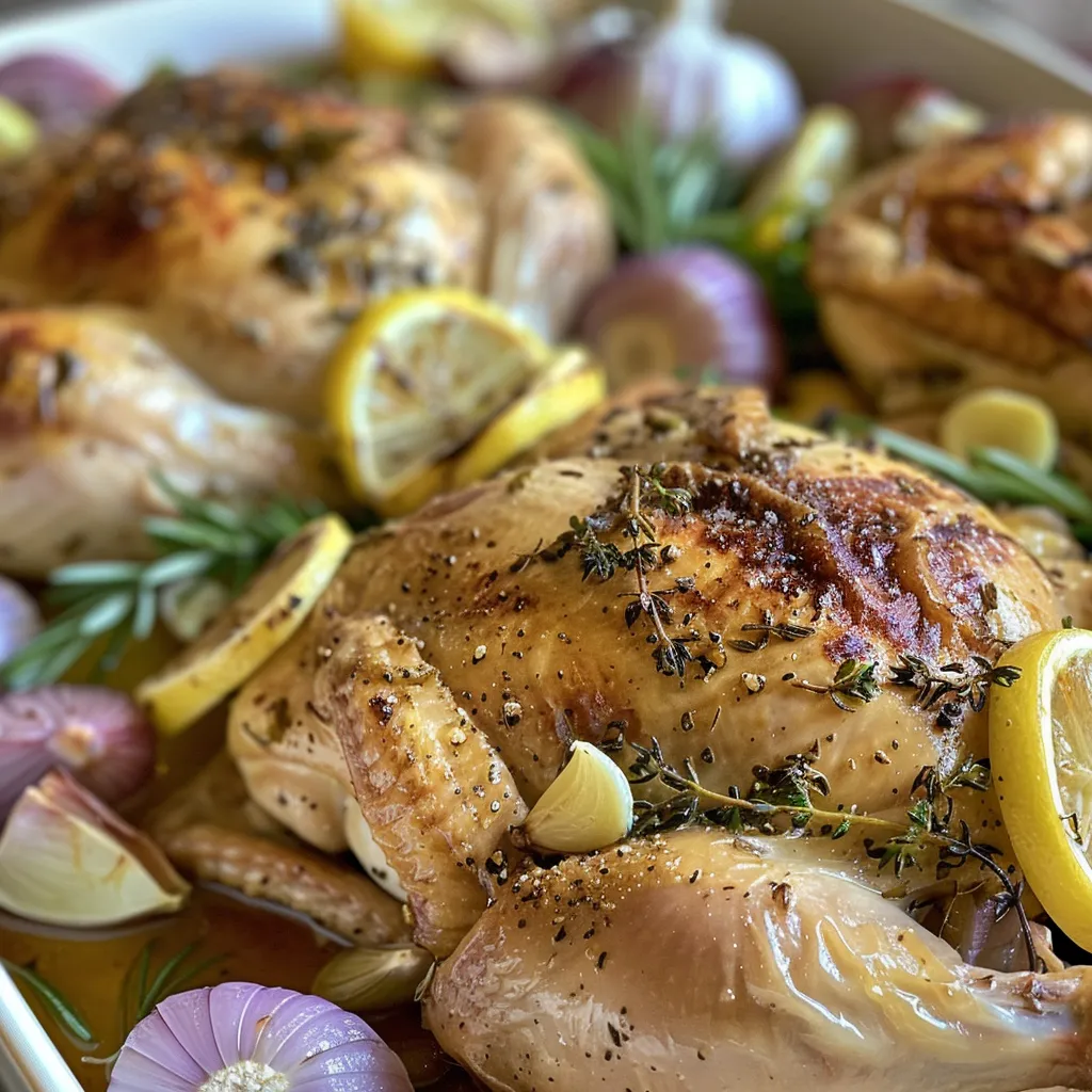 Close-up view of a whole roast chicken served with herbs and spices.