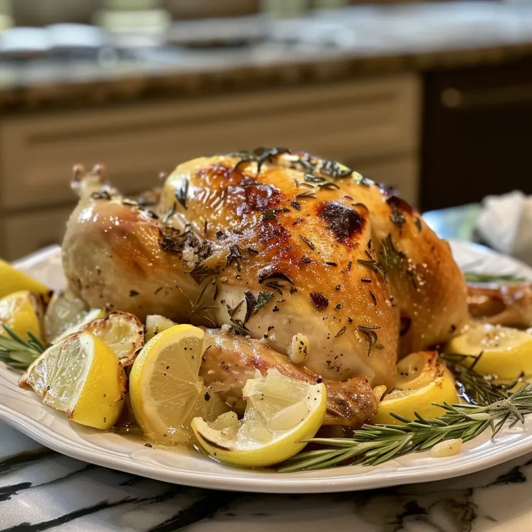 Close-up view of a juicy roasted chicken garnished with lemon slices and rosemary.