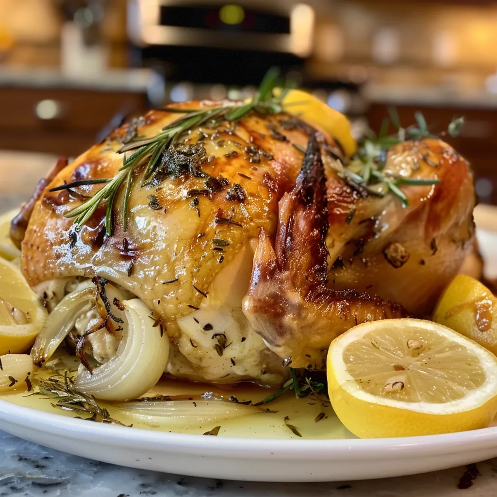 Side view of a golden-brown Lemon Garlic Rosemary Roasted Chicken on a serving platter.