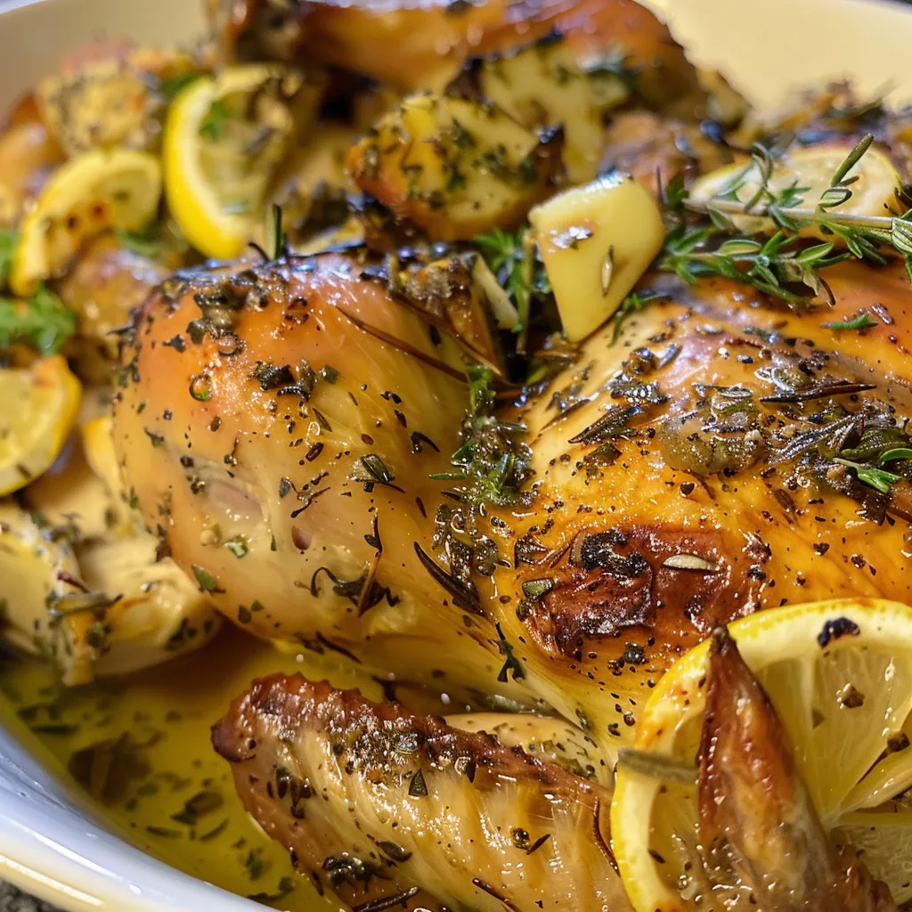 Close-up of roasted chicken garnished with lemon and herbs.