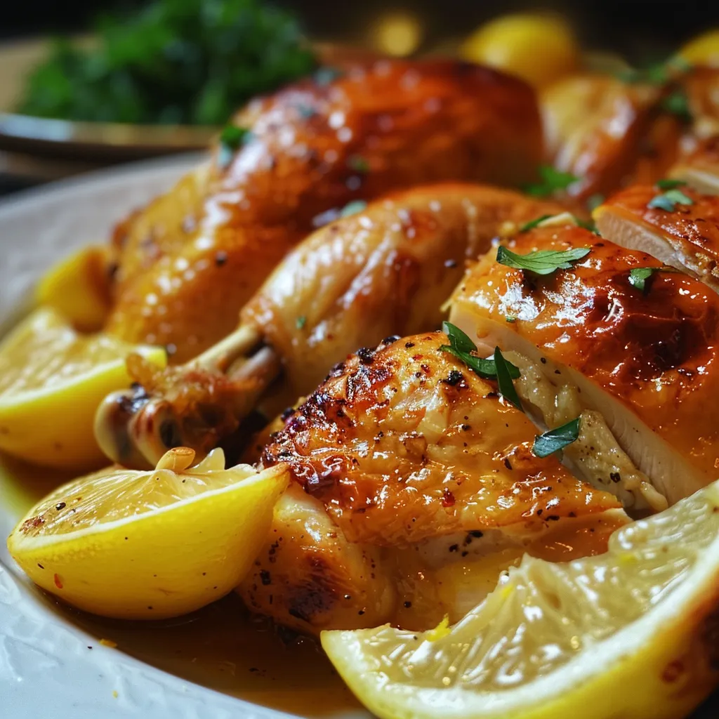 Side view of juicy chicken thighs seasoned with lemon and paprika on a plate.