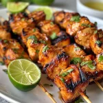 Close-up view of grilled Mexican barbecue chicken skewers with colorful bell peppers.