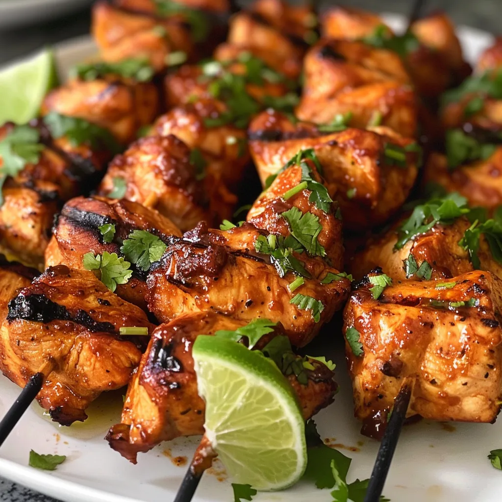 Juicy chicken skewers marinated in Mexican spices, displayed with green, red, and yellow peppers.