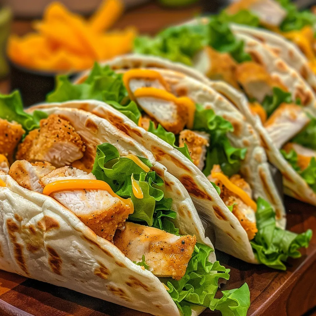 Side view of several mini chicken wraps arranged neatly, highlighting their colorful ingredients.