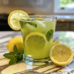 Close-up view of a refreshing glass of mint lemonade with lemon slices and mint leaves.