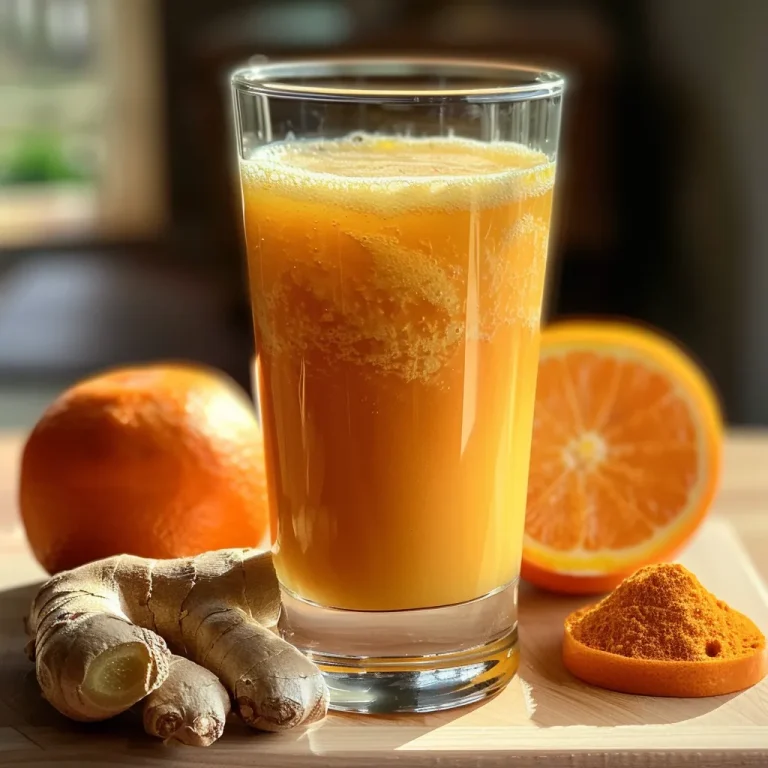 Close-up view of a glass filled with fresh orange ginger juice, ice cubes visible.