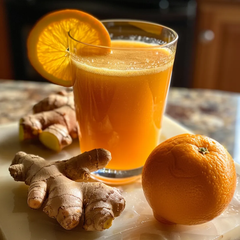 Side view of vibrant orange ginger juice in a clear glass, with ginger and oranges nearby.