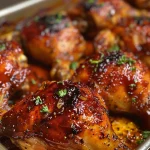 Juicy, golden-brown oven-baked BBQ chicken thighs on a plate.
