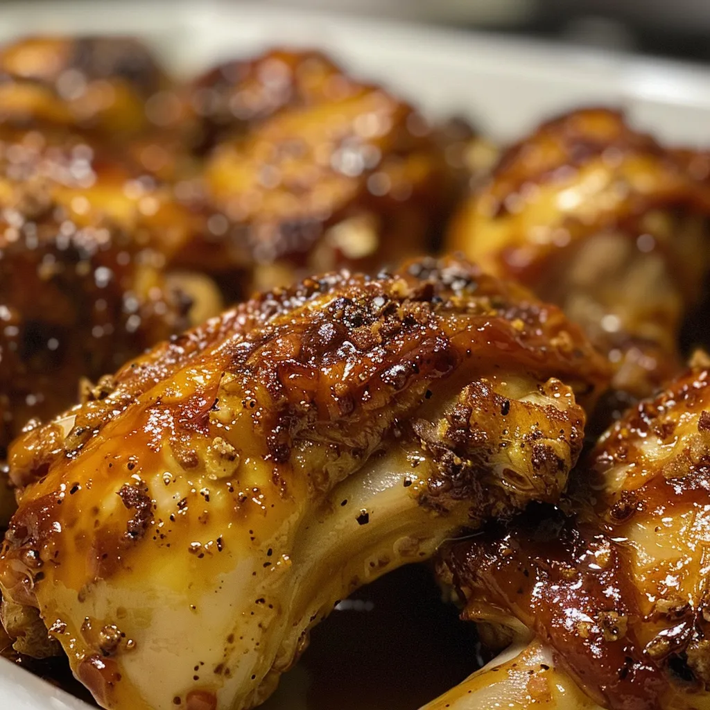 Close-up view of oven-baked BBQ chicken thighs with a glossy sauce.