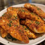 Golden-brown oven baked chicken tenders on a plate, garnished with parsley.