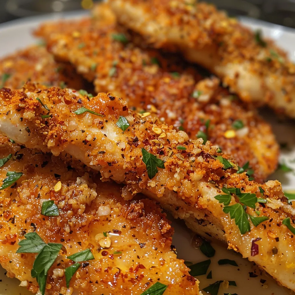 Juicy chicken tenders with no breading, seasoned and baked, displayed in a side view.
