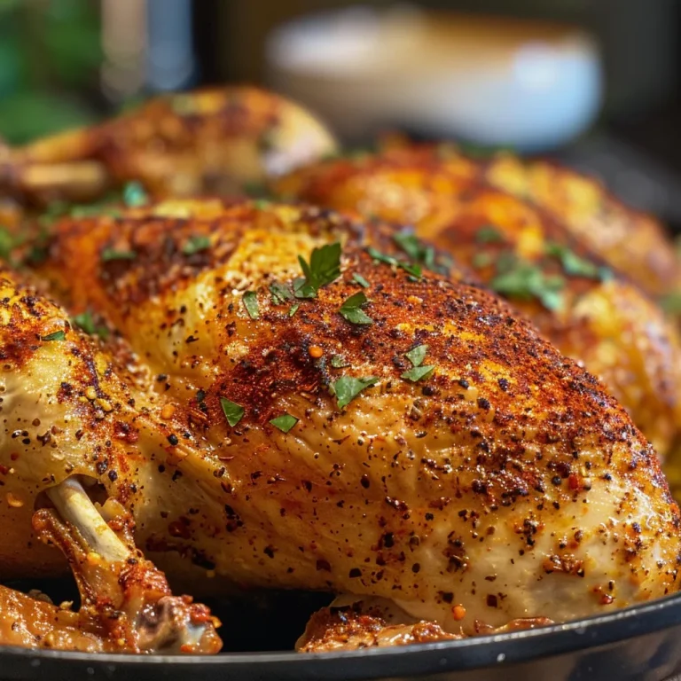 Juicy oven roasted chicken with a crispy paprika herb crust, close-up side view.