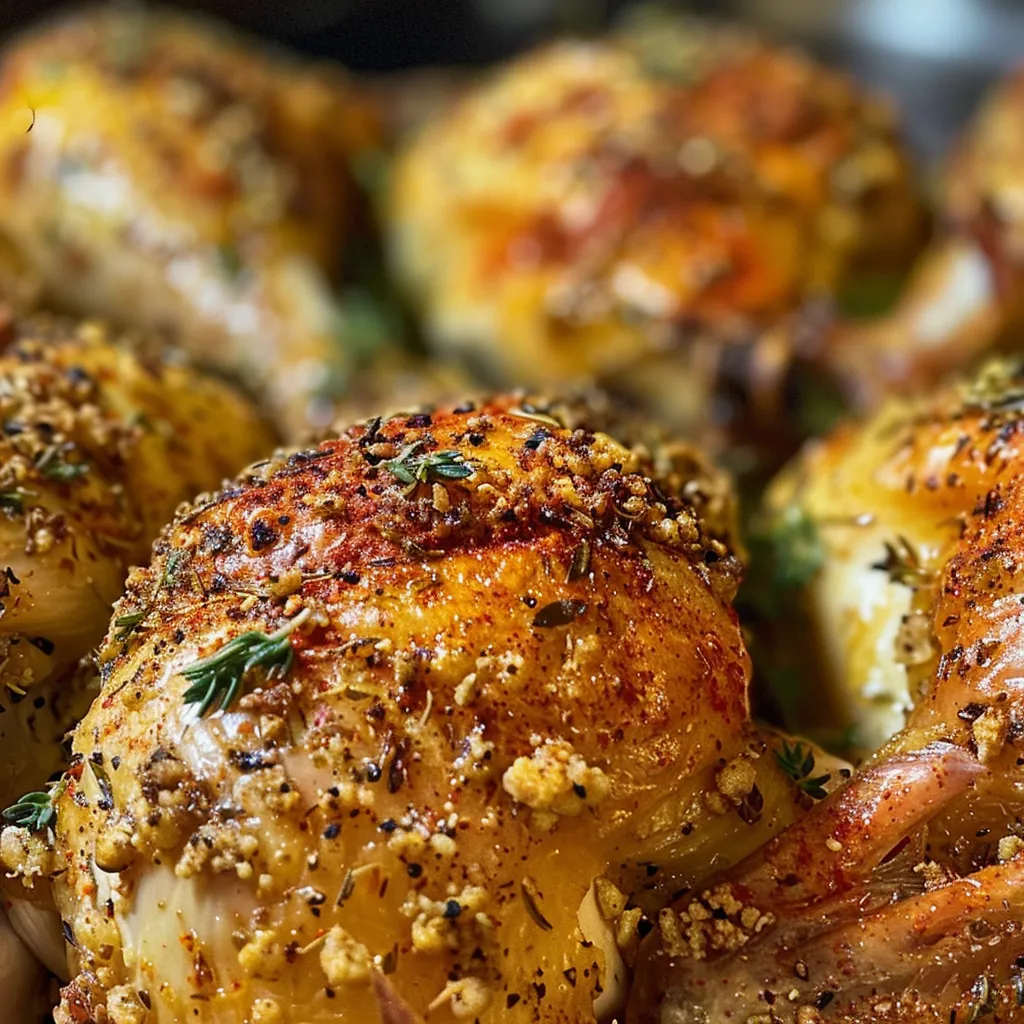 Whole roasted chicken with a golden-brown paprika crust, displayed side profile.