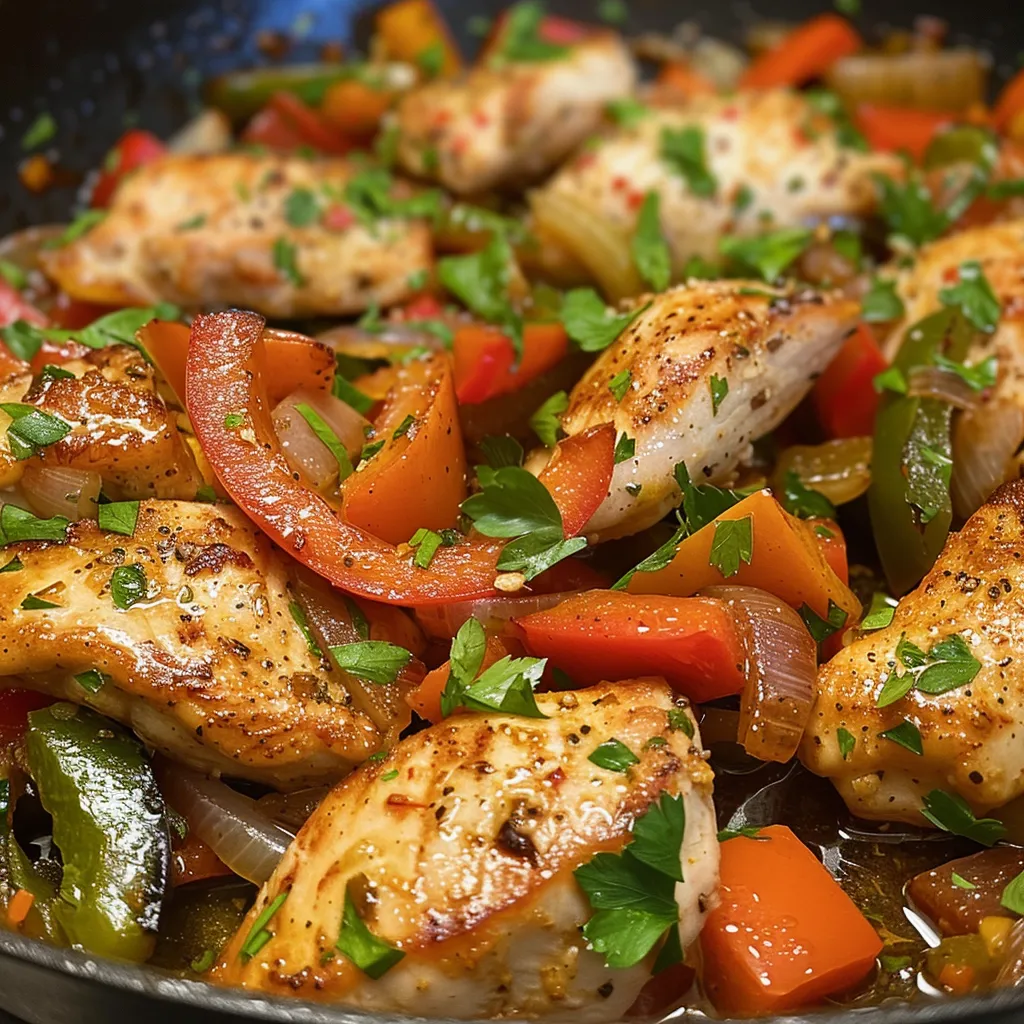 Side view of a vibrant chicken and vegetable dish in a skillet, highlighting sliced bell peppers and juicy chicken pieces.