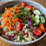 Close-up view of a colorful rice salad with diced vegetables and greens.