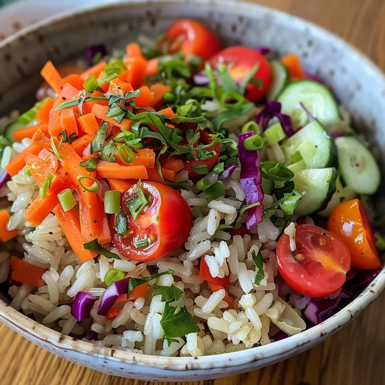 Close-up view of a colorful rice salad with diced vegetables and greens.