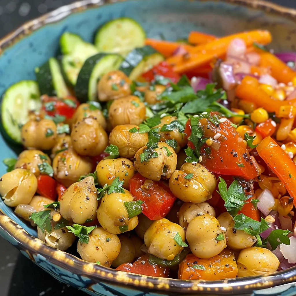 Colorful roasted chickpeas, bell peppers, zucchini, and carrots in a bowl.