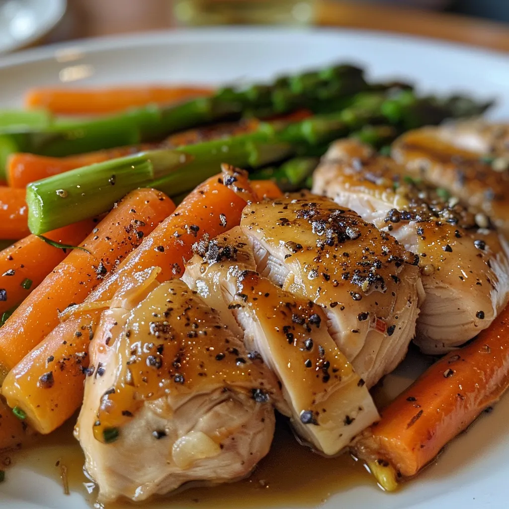 Juicy, sliced chicken breast accompanied by vibrant baby carrots and fresh asparagus on a white plate.