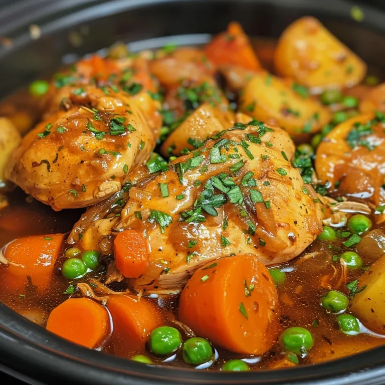 A close-up view of a bowl filled with Slow Cooker Chicken Stew, showcasing tender chicken, carrots, and potatoes.