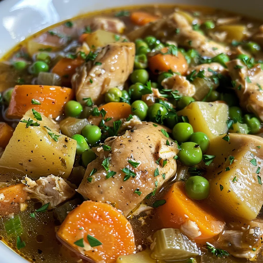 Side view of a steaming bowl of Slow Cooker Chicken Stew with visible ingredients like chicken thigh and peas.