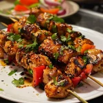 Close-up view of juicy BBQ chicken skewers with honey glaze, garnished with coriander and sesame seeds.