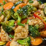 Close-up view of steamed chicken with colorful vegetables arranged on a plate.