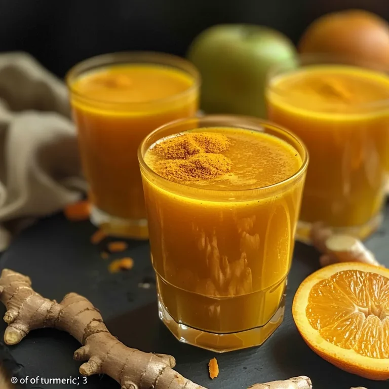 Close-up view of vibrant Turmeric Ginger Orange Shots with fresh ingredients.