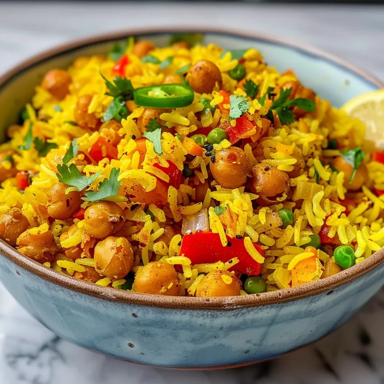 The Vibrant Turmeric Rice That Turns Every Meal into a Celebration Close-up view of vibrant yellow turmeric rice topped with crispy chickpeas and colorful diced peppers.