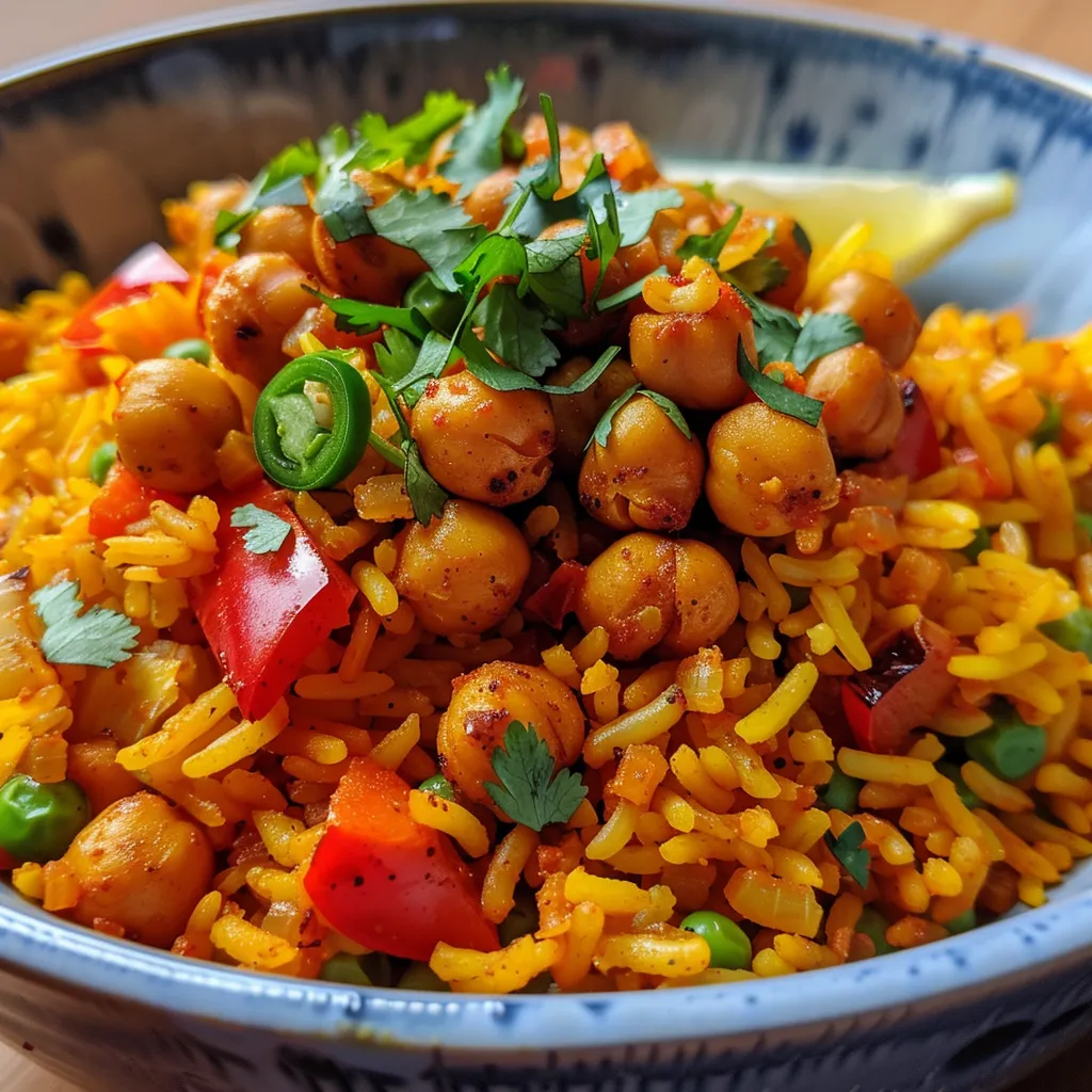 A side view of a bowl filled with fluffy turmeric rice, garnished with crunchy chickpeas and herbs.
