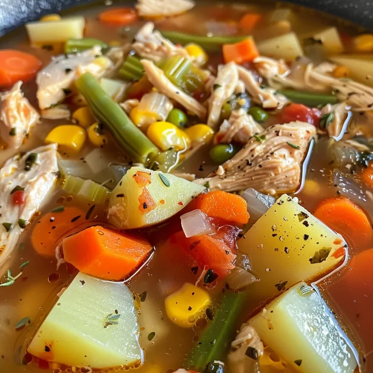 A Hearty Vegetable Chicken Soup That Warms the Soul A close-up view of a steaming bowl of vegetable chicken soup, showcasing colorful ingredients like carrots and green beans.