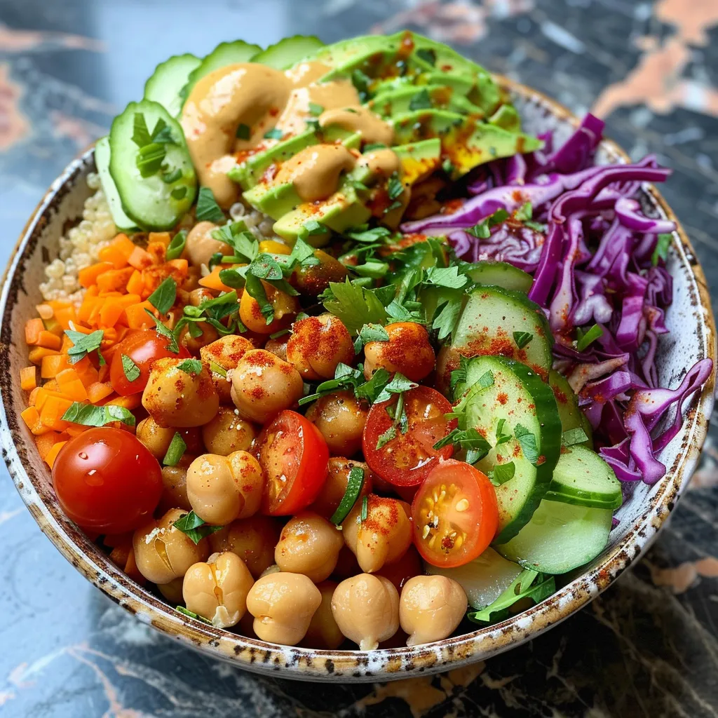 Close-up of a wholesome bowl showcasing chickpeas, quinoa, cherry tomatoes, and colorful shredded vegetables.