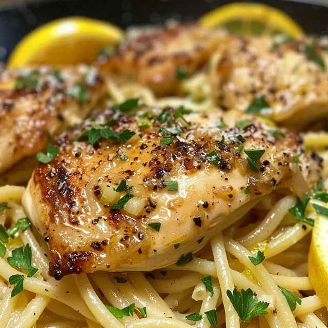 Stirring Up Nostalgia: The Lemon Butter Garlic Chicken Pasta That Feels Like Home Close-up view of Lemon Butter Garlic Chicken Pasta with a creamy sauce, parsley, and grated cheese.