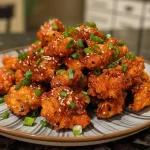 Close-up of juicy spicy Korean chicken bites garnished with green onions and sesame seeds.