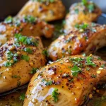 Close-up side view of marinated chicken breasts in a honey mustard mixture.