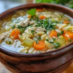 Close-up view of a bowl of Lively Lemon Chicken Orzo Soup showing vibrant colors and textures.